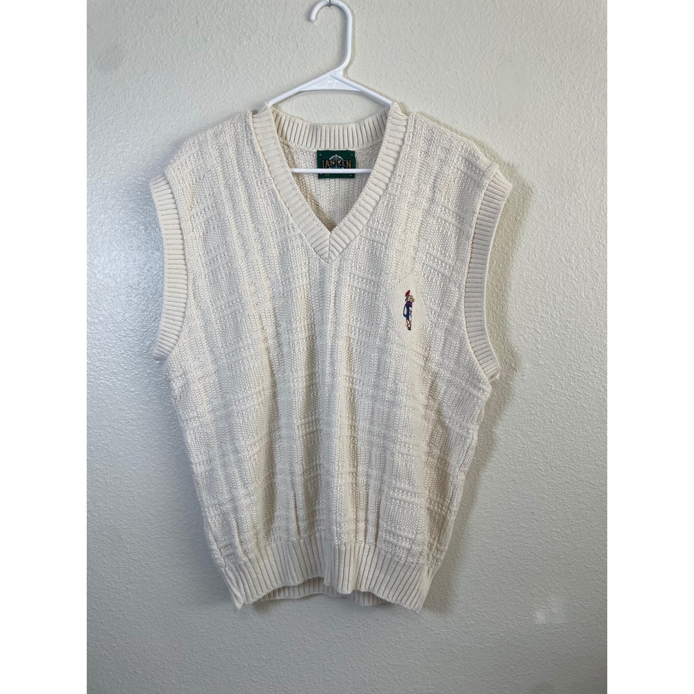 Jantzen Sweater Vest Mens Large Cream Excellent Golf Embroidered V-Neck Knit